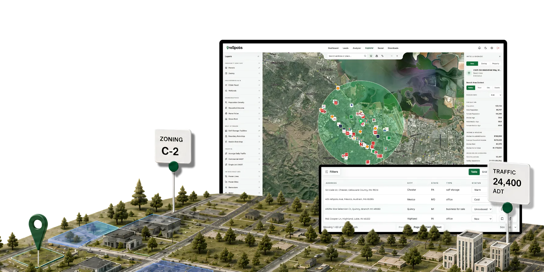 reSpots Explorer connected to a dimensional market model with selected sites, zoning, traffic, and population context